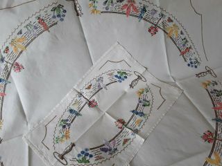Vintage Hand Embroidered Linen Tablecloth & Tray Floral Embroidery Garden Vgc
