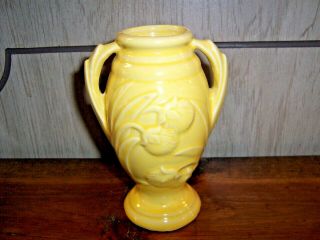 Antique Vintage Usa Mccoy Yellow Art Pottery Double Handle Vase Embossedflowers