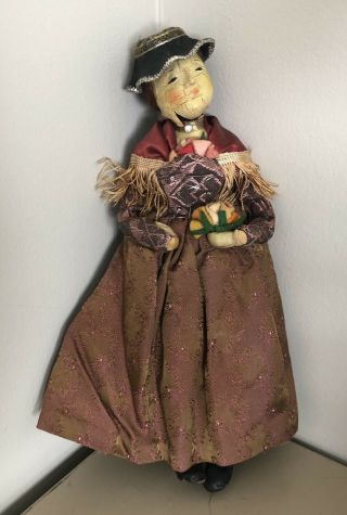Antique 12” Wooden Doll W/silk Shawl & Flower Bouquet (russian?)
