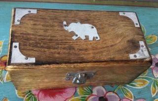 Vintage Wooden Box With Silver Tone Elephant