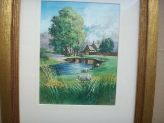 Old Vintage Watercolour Gouache Painting Grazing Sheep And Cottage By K.  L.  Fine