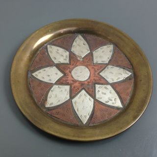 Mixed Metal Bronze Copper Silver Round Decorative Plate Flower Art Wall Hanging