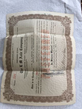 Antique L.  M.  Axle Company Stock Certificate Preferred Stock 1921