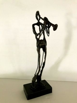 Metal Modern Abstract Brutalist Trumpet Player Figurine,  Marble Base