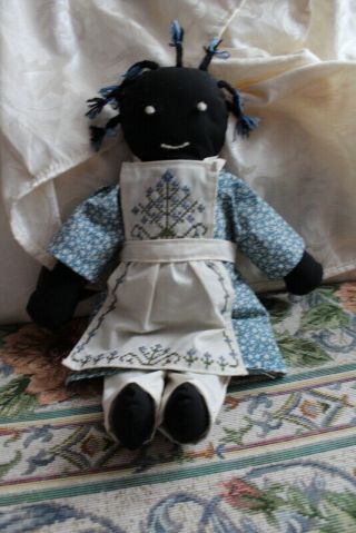 Vintage Black Rag Doll Folk Art 16 Inches Handmade & Embroidered Apron Good