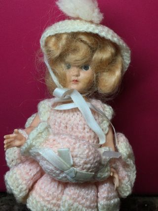 Vintage Hard Plastic Girl Doll Sleepy Eye Adorable Pink Outfit With Hat 7” H