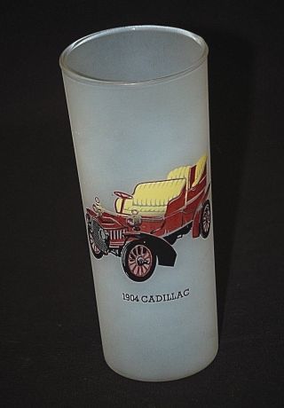 Old Vintage Hazel Atlas Frosted Highball Glass Antique Car Cadillac 1904 Mcm