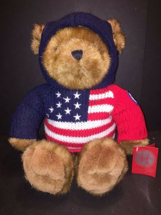 1999 Celebrate Usa Teddy Bear Plush Red White Blue Knit Sweater Hoodie Vintage