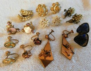 Antique Vintage 9 Pairs Screw On Back Earrings Transfer Glass,  Rhinestone,  Ename