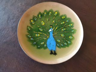 Annemarie Davidson Peacock Enamel On Copper Dish Plate Label Mid Century Modern