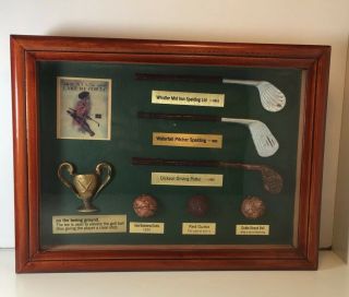 Antique Golf Club Display Set On Case With Glass,  Collectible Golf Ball/club Set
