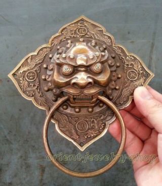 Authentic China Fengshui Brass Lion Foo Fu Dog Head Mask Statue Door Knocker