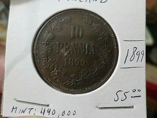 1899 Finland Antique Coin,  10 Pennia,  Minted 440,  000.  Very