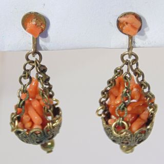 Antique Art Deco Chinese Branch Coral Hanging Basket Screwback Earrings,