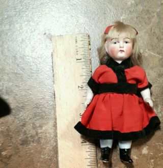 Adorable 4.  5 " Antique Bisque Doll - Red Dress - Mold 513 - Blonde Hair - Germany