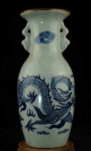 China Old Blue White Open Porcelain Hand - Made Dragon Vase /qianlong Mark Ac01d