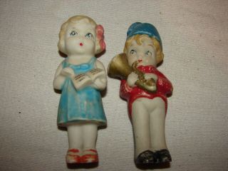 Vintage 2 Bisque Doll Frozen Charlotte Penny Style Japan 4 1/2 In Boy Horn Girl
