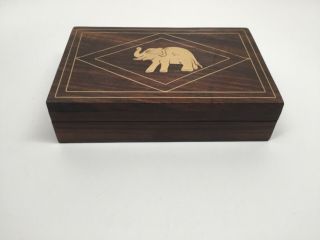 Vintage Handmade Wood Hinged Lid Box - Inlaid Brass Elephant & Trim