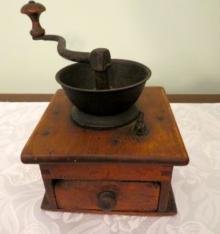 Antique Coffee Grinder Mill Wood Dove Tail Box Cast Iron Cup & Handle