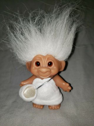 Vintage 2005 Dam Russ Troll Doll With Bag White Hair Amber Eyes 2.  75 Inches