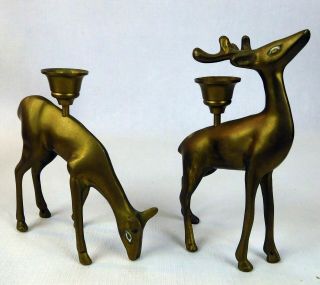Set of 2 Vintage Brass Deer Buck & Doe Figures Candle Holders,  Candlesticks 2