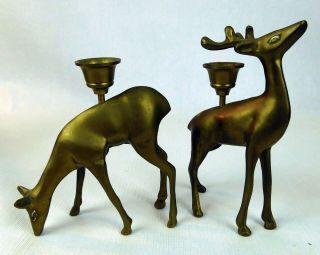 Set of 2 Vintage Brass Deer Buck & Doe Figures Candle Holders,  Candlesticks 3