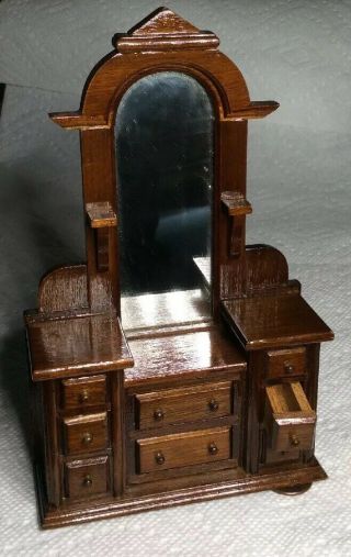 Vintage Dollhouse Miniature Dark Walnut Finish Wooden Mirror Vanity Dresser