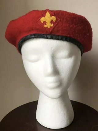 Vintage Bsa Boy Scouts Of America Wool Beret Hat Cap Red Sz Large 7 1/3 - 7 1/4