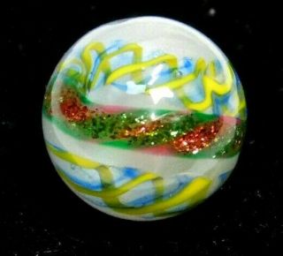 Tiny Antique Button Paperweight Ball W Yellow Blue Swirls & Glitter 3/8 Dimi P