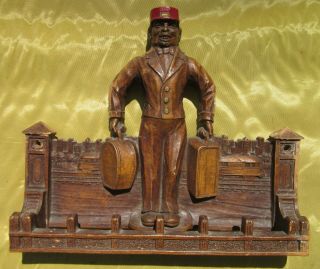 Antique Railroad Themed Tie Rack With Red Cap Porter