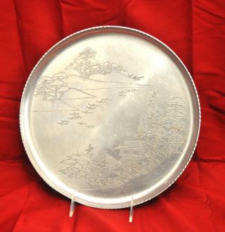 Vintage Aluminum Serving Tray Round 11 1/4 " - Asian Scene With Mountains,  Birds
