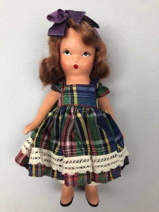 Vintage Nancy Ann Storybook Doll Brunette Plaid Dress Purple Hair Bow