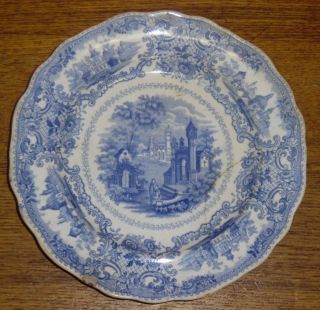 Cracked Antique Adams Blue Transfer Porcelain Plate - Spanish Convent - 7 1/2 "