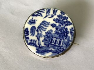 Antique Edwardian 1900’s Silver Blue White Ceramic Brooch Pin.  1 1/4”.