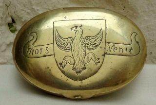 Antique Brass Tobacco Tin " Mors Venit " - Death Comes Quickly