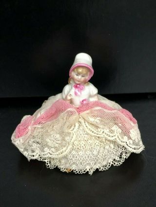 Antique Marked Germany Porcelain Half Doll Girl W/ Bonnet