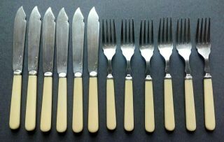Antique Vintage Silver Plate Fish Knife & Fork Set Of 6 Bakelite Epns