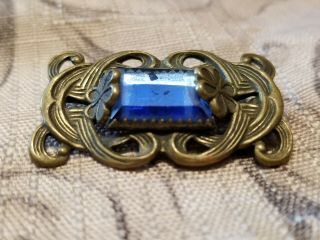 Antique Victorian Art Nouveau Style Blue Glass Floral Pin Brooch W Metal Flowers
