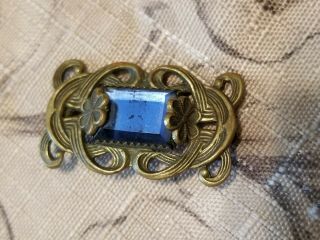 Antique Victorian Art Nouveau Style Blue Glass Floral Pin Brooch w Metal Flowers 5