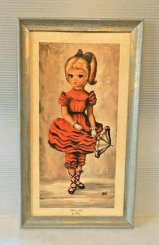 Mid Century Vintage Maio Big Eyes Bloomer Girl Framed Litho Art 17 X 9