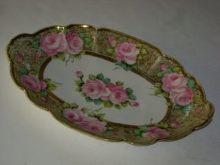 Large Antique NORITAKE NIPPON Porcelain Gilded,  Hand Painted Roses Celery Dish 3