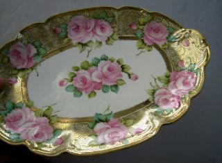 Large Antique NORITAKE NIPPON Porcelain Gilded,  Hand Painted Roses Celery Dish 6