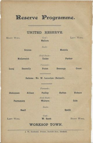 Antique Programme Sheffield United Reserves V Worksop Town 13 - 4 - 1907