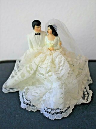 Vintage Bride And Groom Wedding Cake Topper With Added Lace Skirt