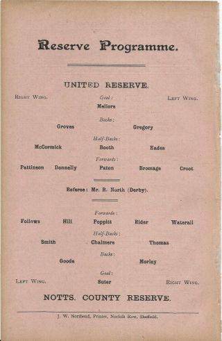 Antique Programme Sheffield United Reserves V Notts Couty Reserves 16 - 2 - 1907