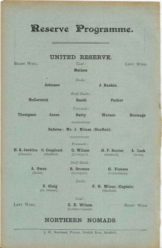 Antique Programme Sheffield United Reserves V Northern Nomads 12 - 1 - 1907 Friendly