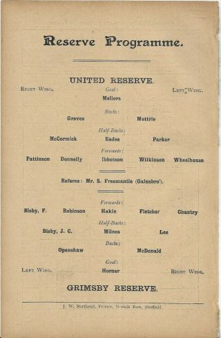 Antique Programme Sheffield United Reserves V Grimsby Town Reserves 27 - 12 - 1906