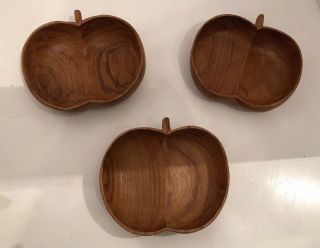 Vintage Set Of 3 Apple Shaped Wooden Wood Bowl For Nuts Snacks Salad (e1)