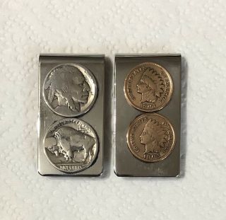 2 - Money Clips 1 - Double Nickel Buffalo Indian Head Face 1 - Double Indian Penny