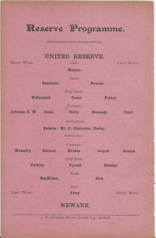 Antique Programme Sheffield United Reserves V Newark 17 - 11 - 1906